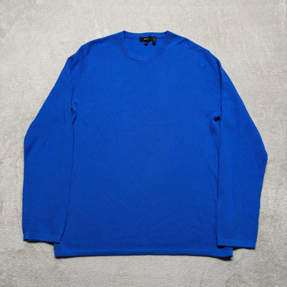 Theory Riland Eco Breach Crewneck Sweater Mens L Blue Textured Knit 100% Cotton